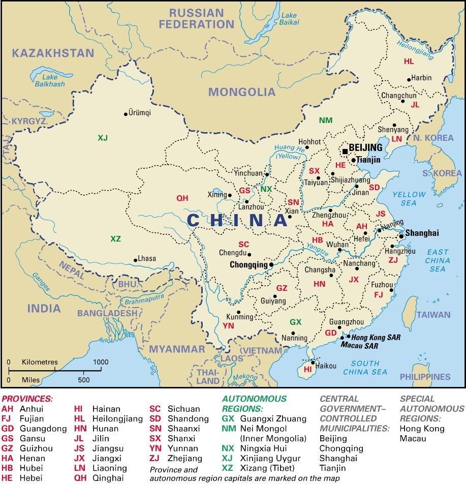 Map of China regions: political and state map of China